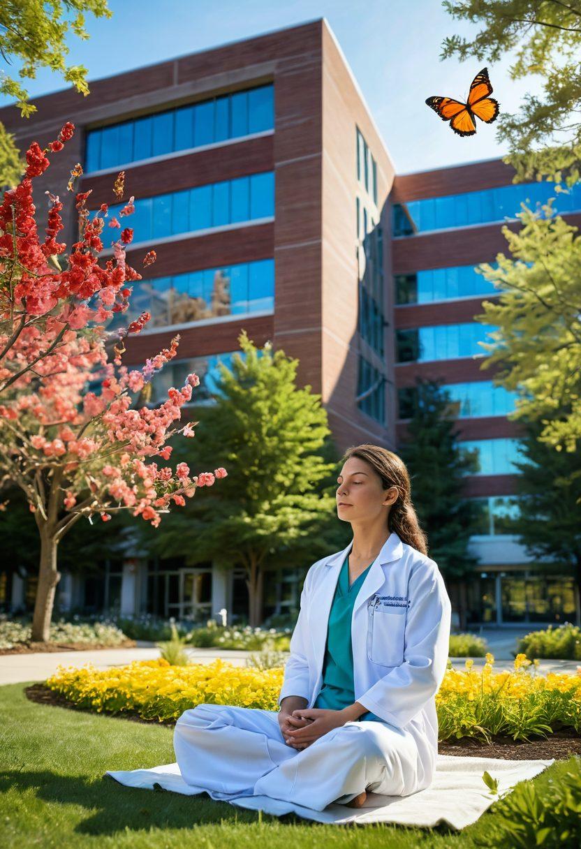 A serene landscape blending elements of a hospital and nature, where a patient is depicted in a peaceful meditation pose surrounded by blooming flowers and sunlight. In the background, a modern hospital building softly merges with green trees, symbolizing hope and healing. Colorful butterflies flutter around, representing transformation and wellness. super-realistic. vibrant colors. warm tones.